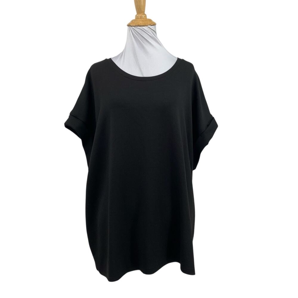T by Tahari Blouse Womens 1X Plus Black Cuffed Short Sleeve Loose Relaxed Tee